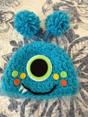 Handmade Blue One-Eyed Monster Beanie with Pom Poms